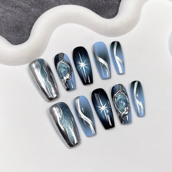 Blue Chrome Press On Nails Long Coffin Glue On Nail Kit False Set Fake Nails - Picture 1 of 3
